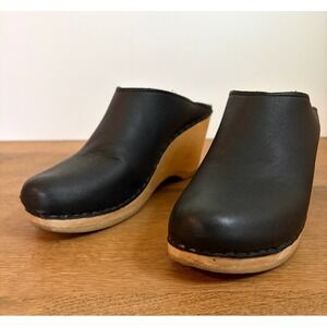 No 6 New School Black Leather Wooden Wedge Clogs Size 40 Boho Minimalist